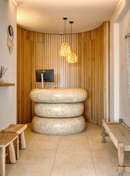 Reception area at Damianos Hotel in Mykonos Town with minimalist interior design