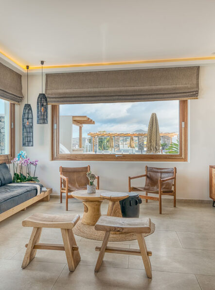 Interior Sitting Area at Damianos Hotel in Mykonos Town with pool view