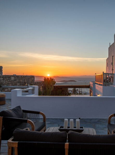 Sunset lounge terrace at Damianos Hotel in Mykonos Town with open sea views